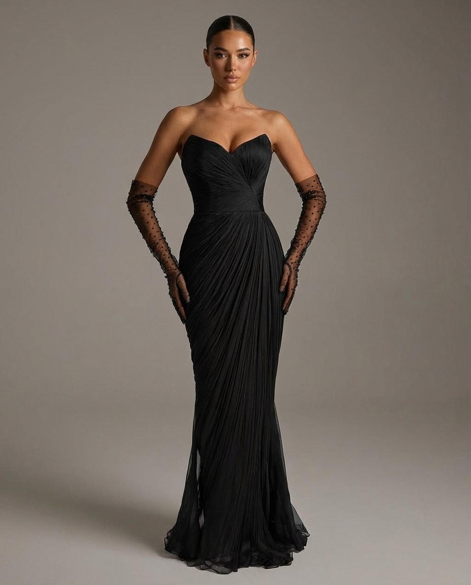 Lussooy Black Sweetheart Strapless Prom Dress With Tulle Gloves