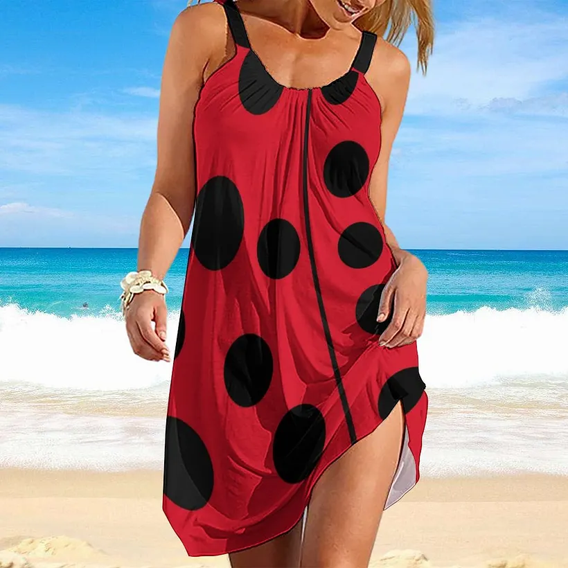 red and black knee length dress SFNEEWHO Lady Bug Design Summer Hawaiian Beach Retro Dresses Casual Sling Sleeveless Printed Y2K Aesthetic