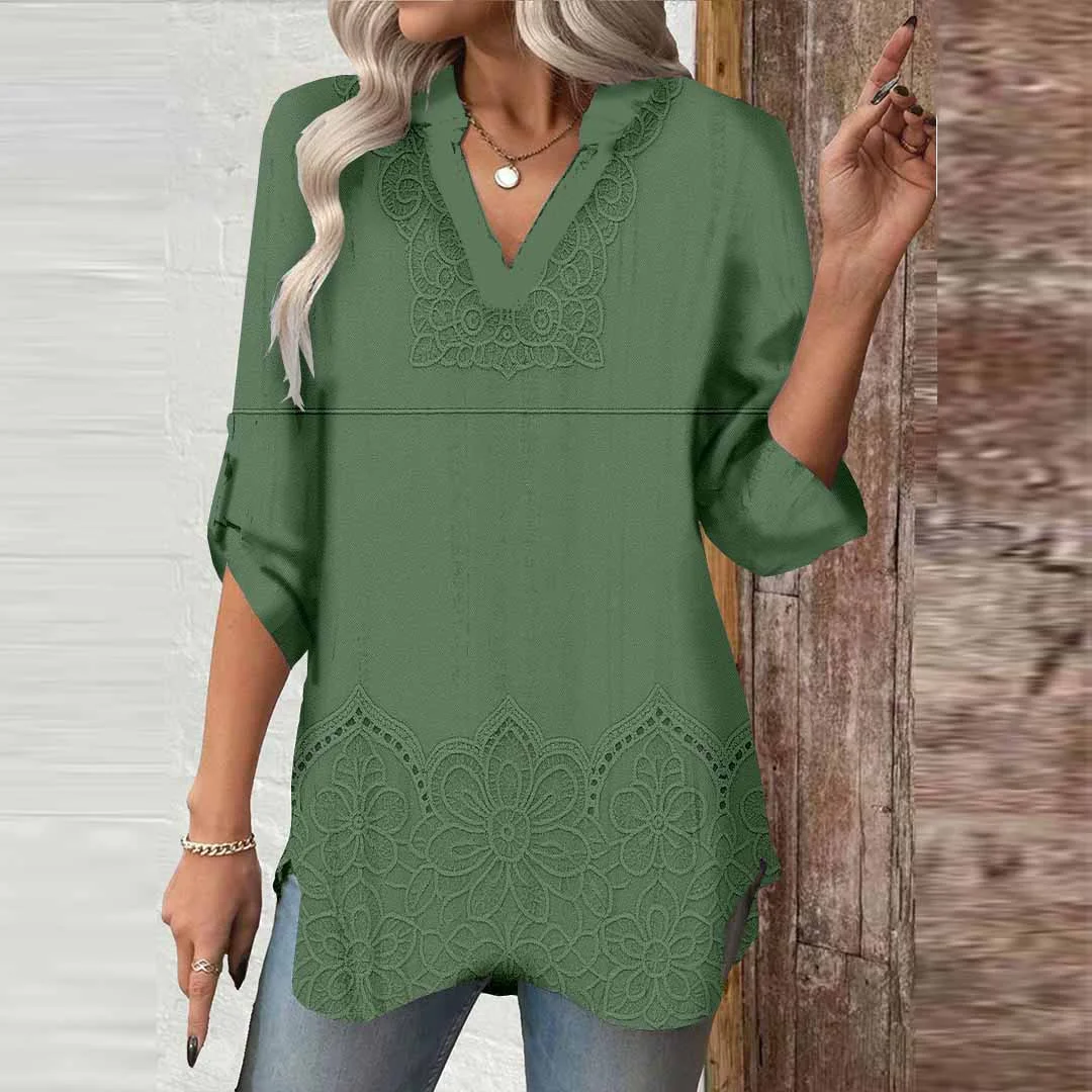 Women Retro,Green DZGA0325 3/4 Sleeve V-neck Printed Graphic Button Tops