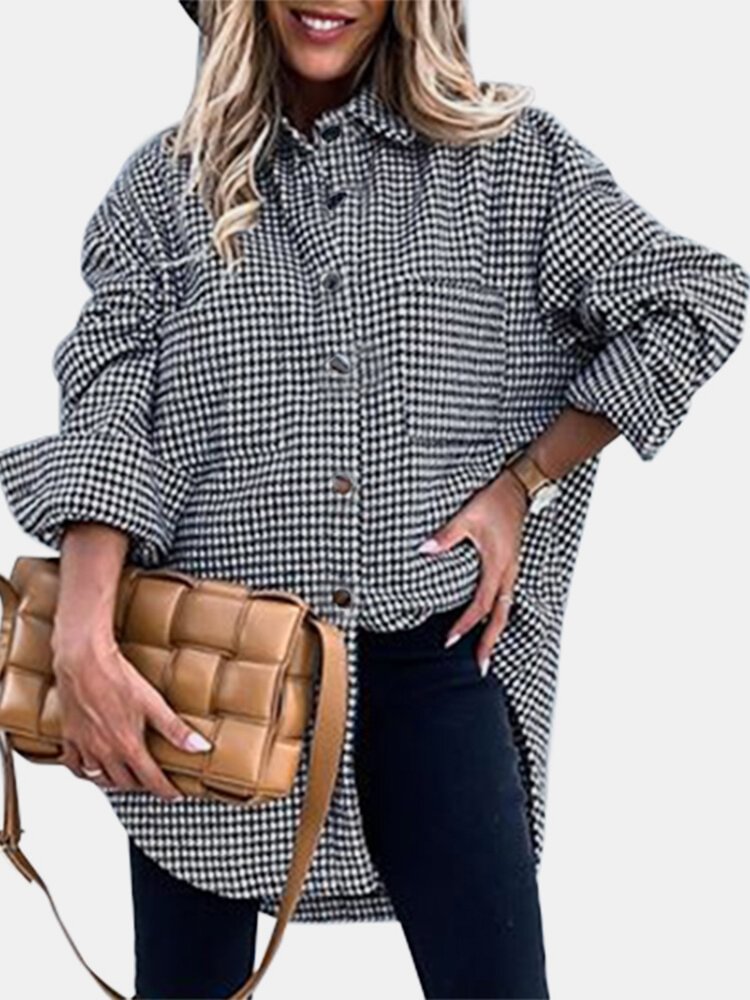 Plaid Print Button Pocket Long Sleeve Casual Blouse for Women P1790060