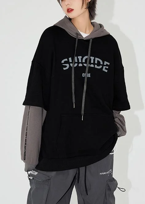 Beautiful false two pieces cotton autumn crane tops Work Outfits black alphabet prints shirts