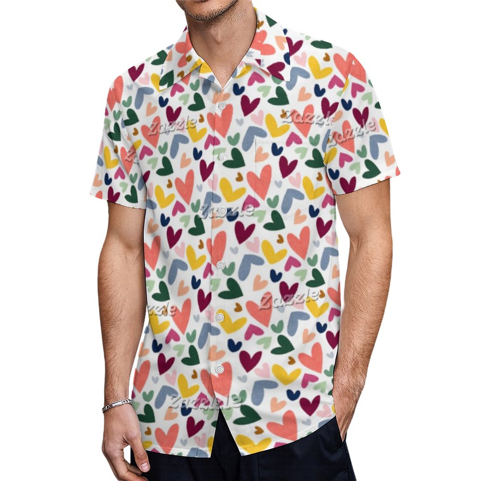Coral Orange Mint Green Pink Blue Heart Pattern Hawaiian Shirt Mens Button Down Tropical Hawaii Beach Shirts