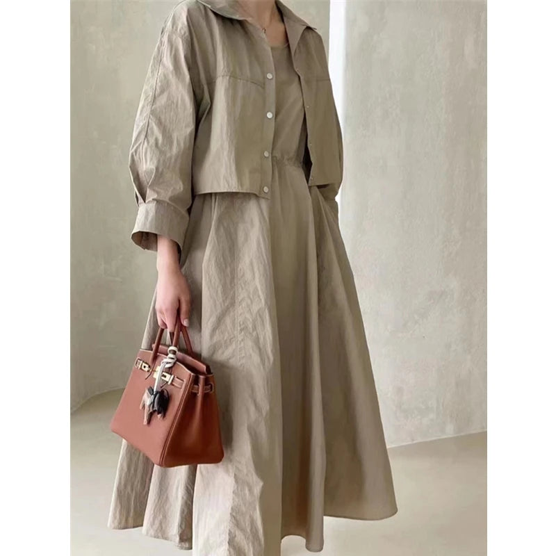 Llyge Summer 2 Pieces Women's Dress Suits Turn-down Short Jacket and Solid Casual Tank Dress Sets Outfits 2024 New Spring llyge