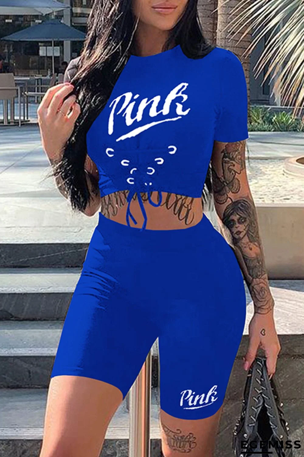 Blue Sexy Casual Letter Print Strap Design O Neck Short Sleeve Two Pieces | EGEMISS