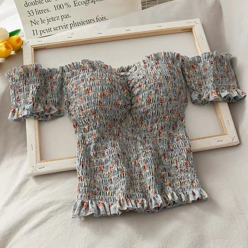 Summer strapless tube top one-shoulder top women's retro French small floral t-shirt stretch folds short crop top Slim all-match