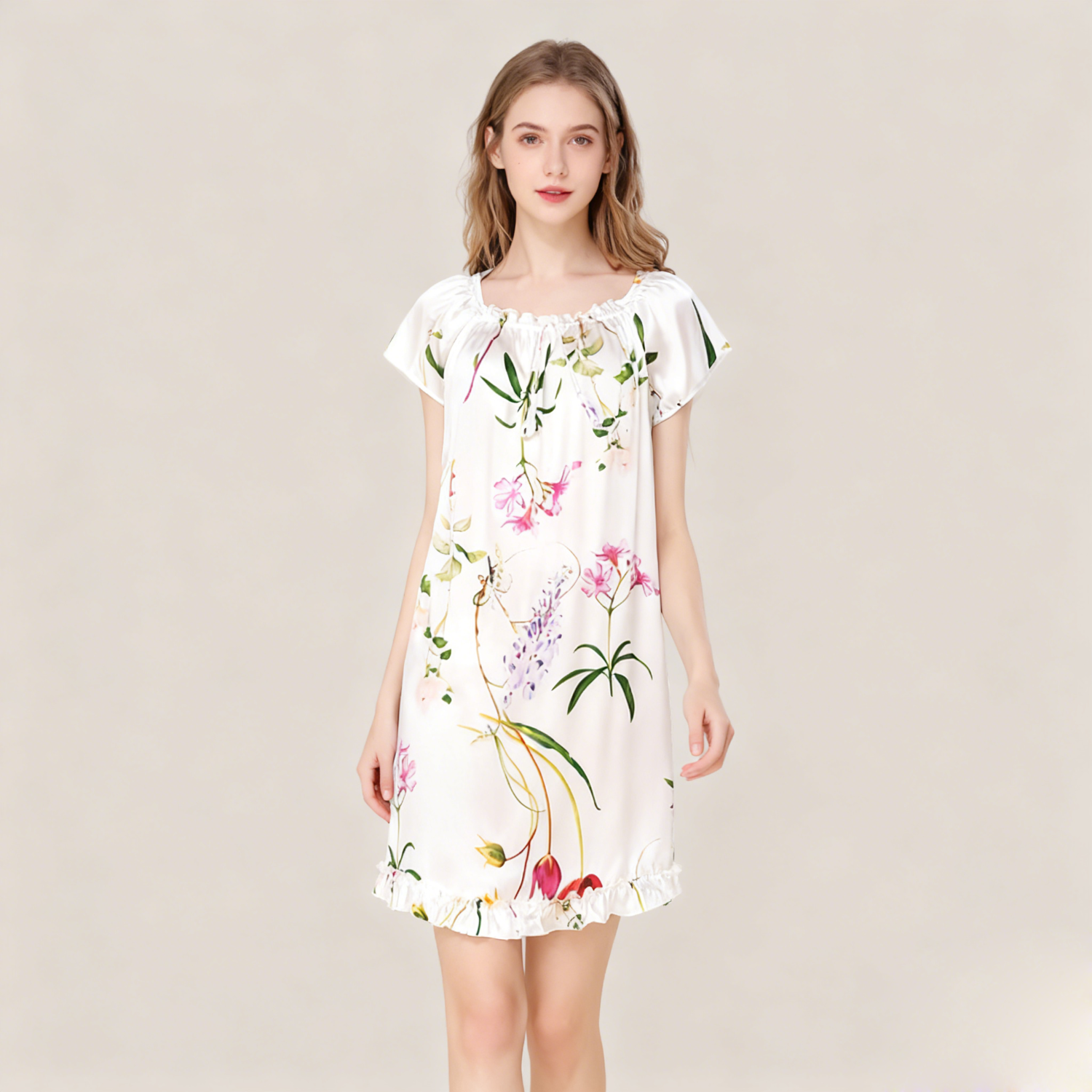 Silk Nightgown Women 100% Mulberry Silk Short Sleeve Floral Sleepwear Soft REAL SILK LIFE