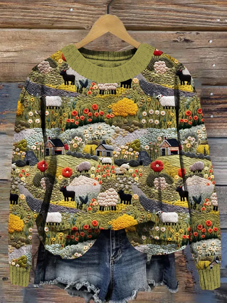 Vintage Farmyard Embroidery Pattern Cozy Sweater