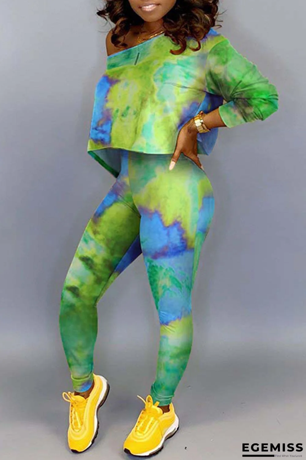 Green Casual Print Tie Dye Basic O Neck Long Sleeve Two Pieces | EGEMISS