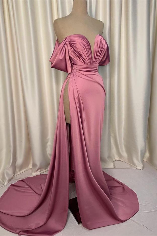 Simple Dusty Pink Slit Off The Shoulder Mermaid Evening Dress | Ballbellas Ballbellas
