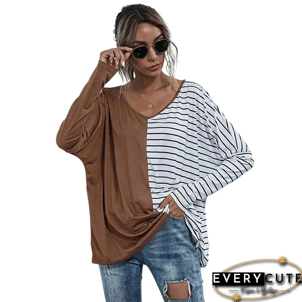 Khaki Stripe Contrast Long Sleeve Tops