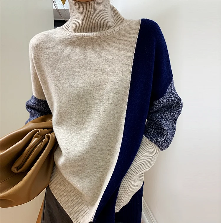 High Neck Contrast Sweater-mysite