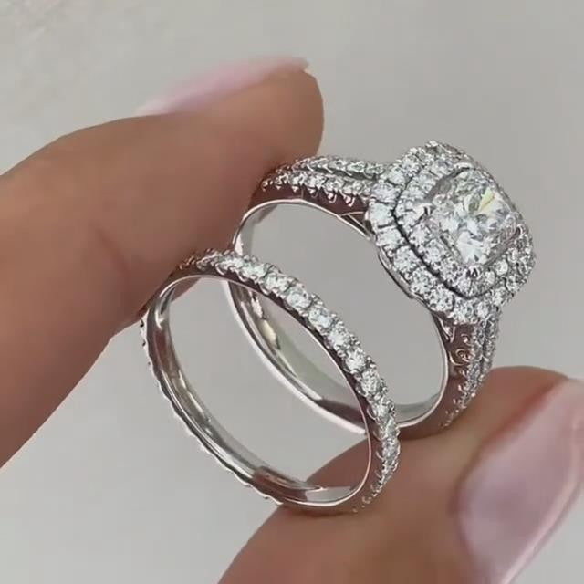 2.0CT Double Halo Cushion Cut Sterling Silver Wedding Bridal Set