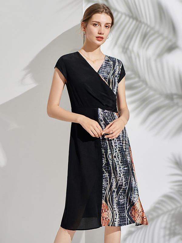 Robe en soie robe épissage mi-longue-Soieplus