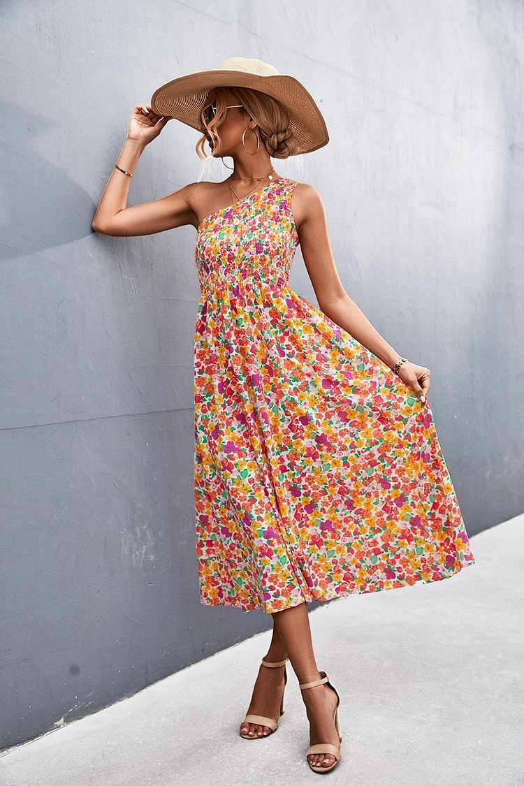 Women's Summer Boho One Shoulder Sleeveless Floral Printed Midi Dress