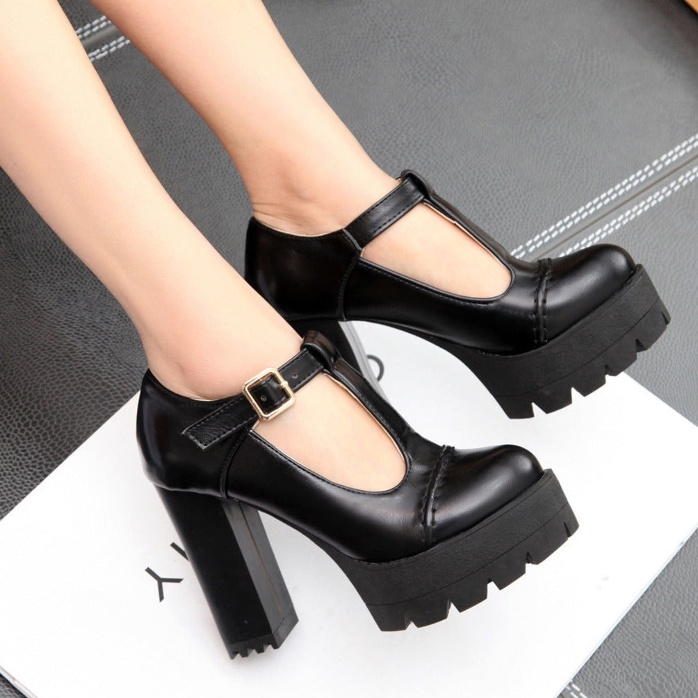 Women's chunky platform T-strap ankle strap loafers shoes vintage chunky high heels dress shoes