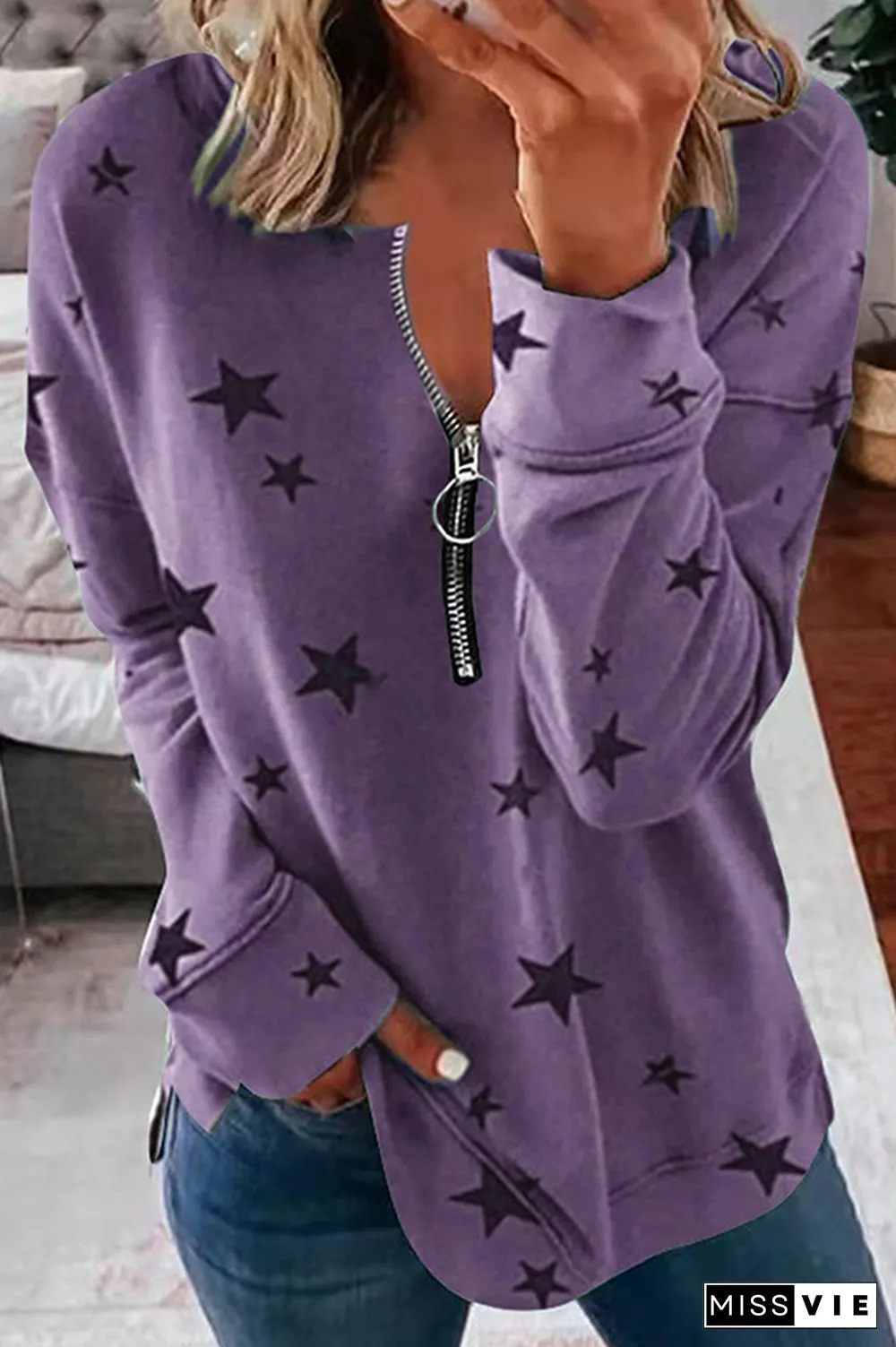 Casual The stars Split Joint Zipper Zipper Collar Tops(8 colors)