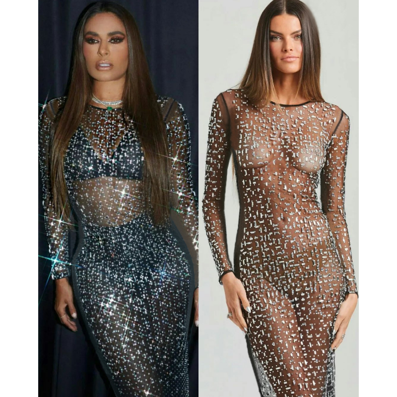 Ootddress Glitter Female Cover up Maxi Dress Mesh See-Through Split Fashion Long Sleeve Slim Sexy Beach Cover up Dress For Women New