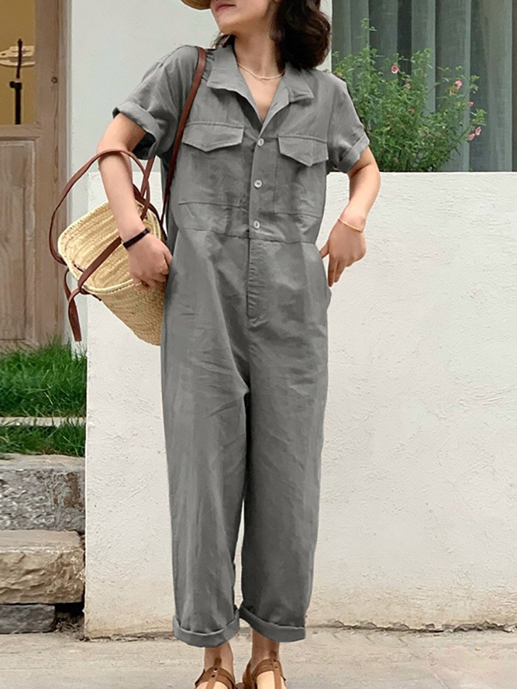 Solid Belt Pocket Button Front Lapel Short Sleeve Jumpsuit