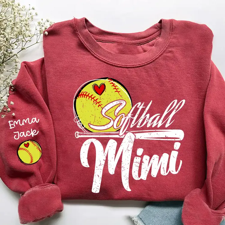 Personalized Mimi Softball SweatShirt, Heart and Bat Design with Custom Grandkids Names
