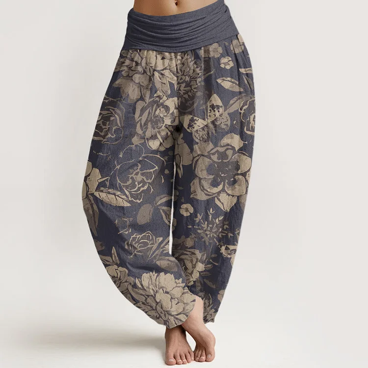 Cotton Casual Peony Flowers Leaves Women's Elastic Waist Harem Pants