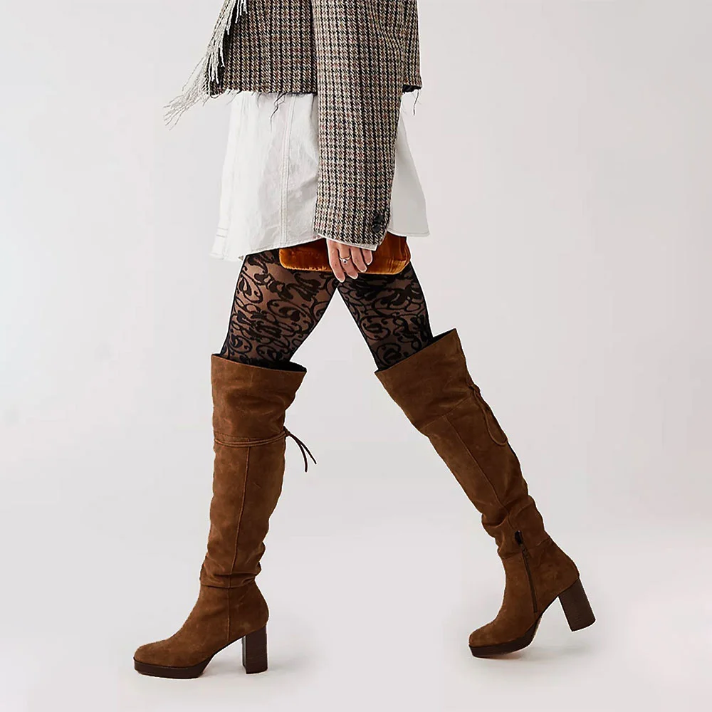 Brown Square Toe Chunky Heel Platform Over the Knee Boots with Zipper