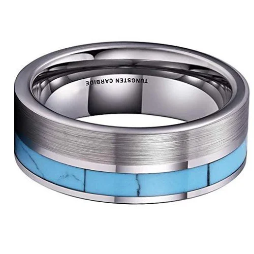 6MM 8MM Women's Or Men's Blue Turquoise Inlay Tungsten Carbide Wedding Matching Rings with Matte Silver Tone Top Comfort Fit