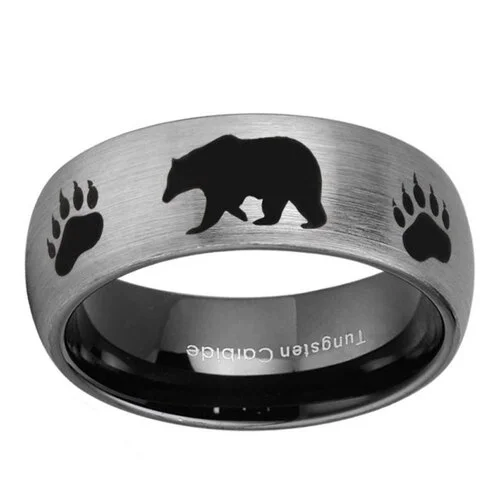 Women's Or Men's Hunting Ring / Bear Crossing Wedding Band Rings,Brushed Silver Tungsten Carbide Band with Bear Walking and Paw Prints Laser Design,Domed Top Hunter's Wedding Band Ring With Mens And Womens For Width 4MM 6MM 8MM 10MM