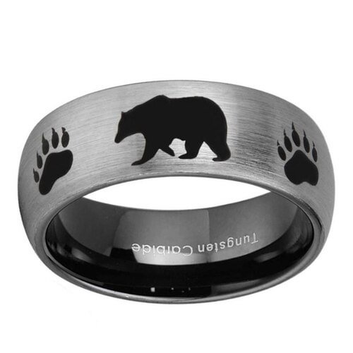 Women's Or Men's Hunting Ring / Bear Crossing Wedding Band Rings,Brushed Silver Tungsten Carbide Band with Bear Walking and Paw Prints Laser Design,Domed Top Hunter's Wedding Band Ring With Mens And Womens For Width 4MM 6MM 8MM 10MM