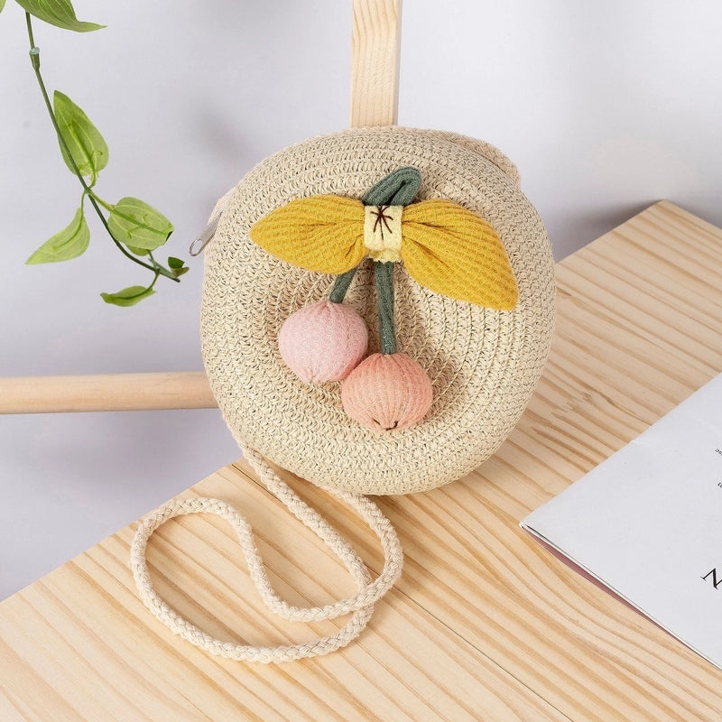 Girl’s Small Straw Flower Bow Knot Cute Round Zipper Crossbody Bag