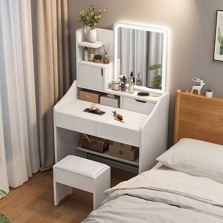 White Square Mirror Removable Drawer Wooden Dressing Table
