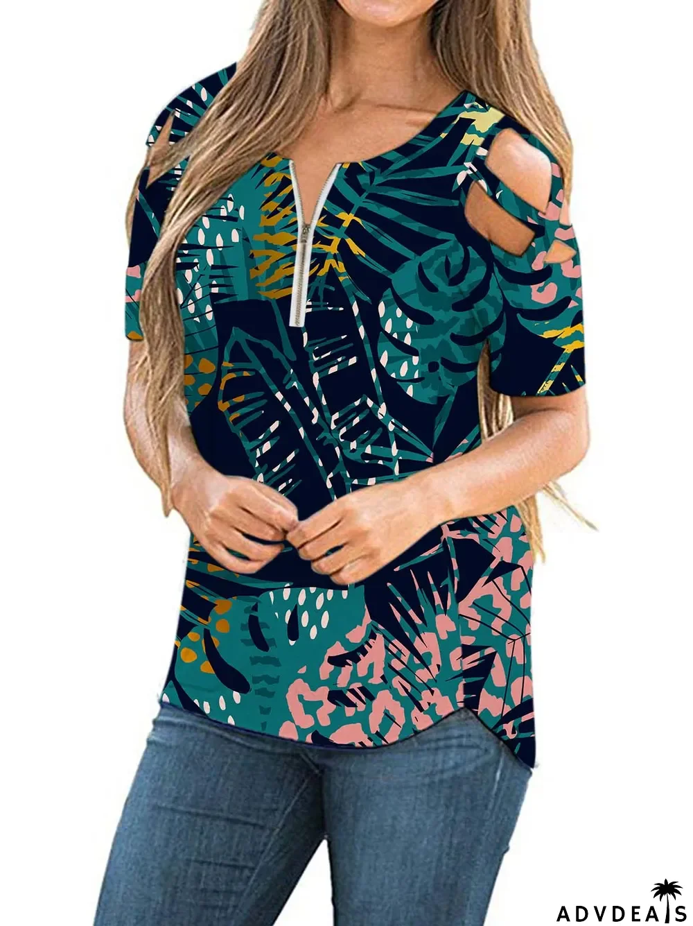 Women's Scoop Neck Short Sleeves Printed Tops