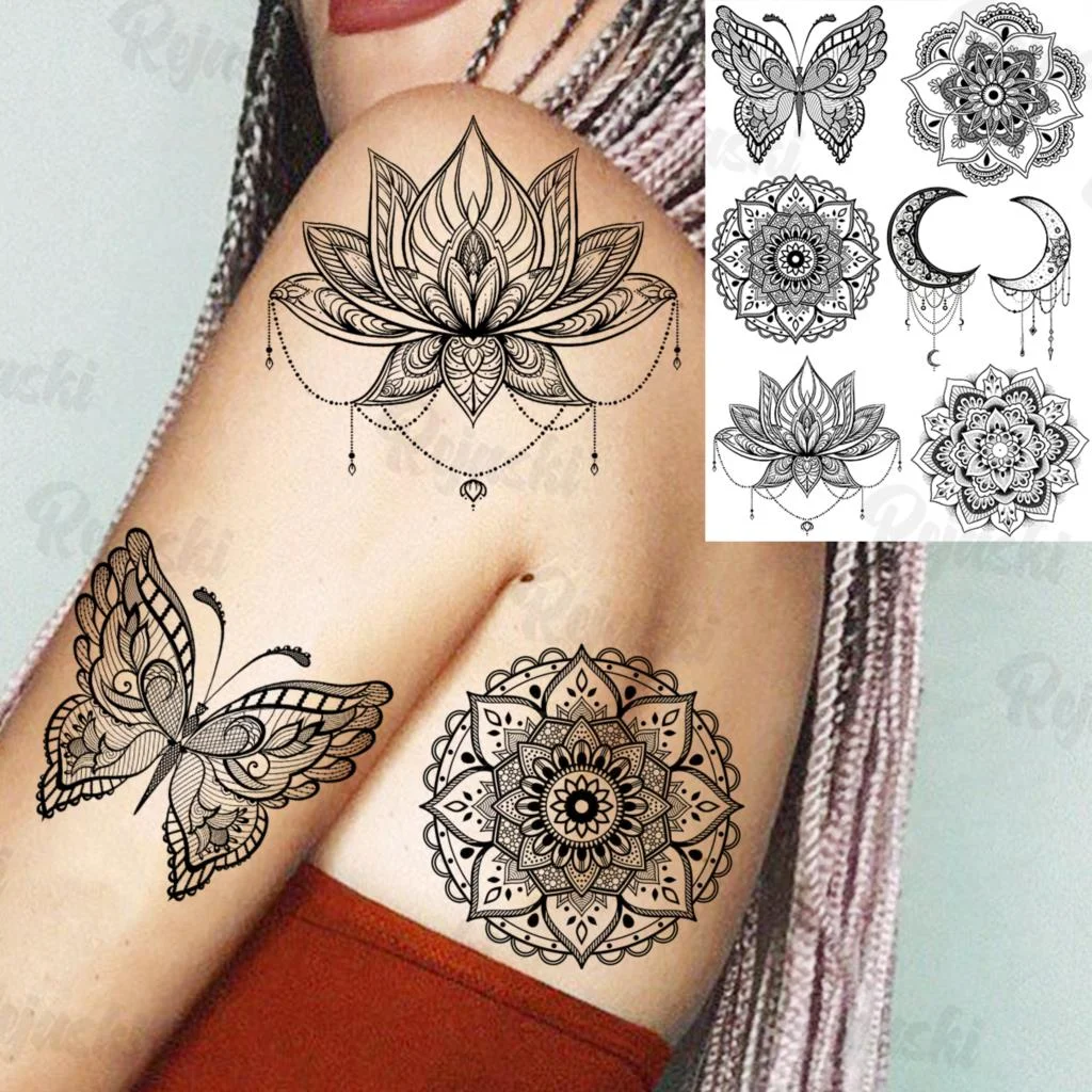 Sdrawing Elephant Pendant Temporary Tattoos For Women Men Lion Butterfly Snake Feather Fake Tattoo Sticker Glamour Back Body Tatoos