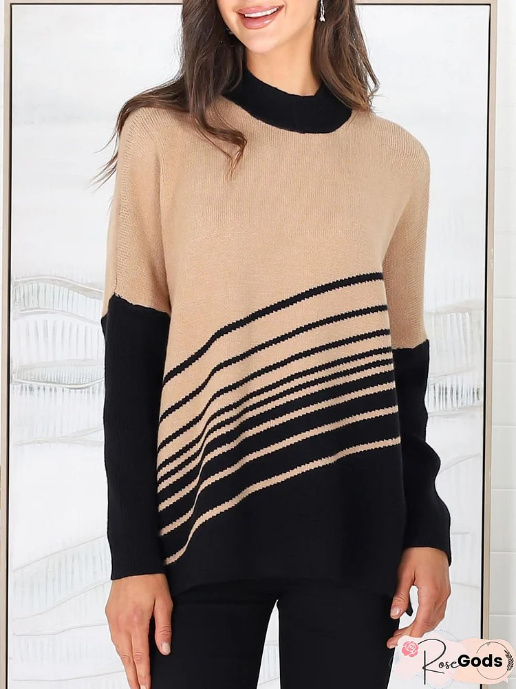 Casual Crew Neck Striped Knitted Sweater
