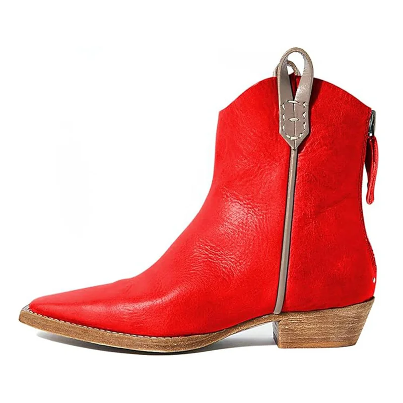 Elegant Vegan Leather Snip Toe Back-Zip Flat Ankle Boots in Red