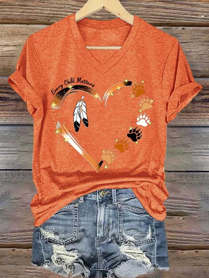 V-neck Retro Every Child Matters Feather Print T-Shirt