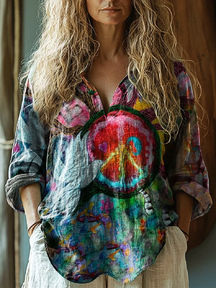 Women's Peace Dove Hippie Graphic Art Print Casual Linen V Neck Shirt