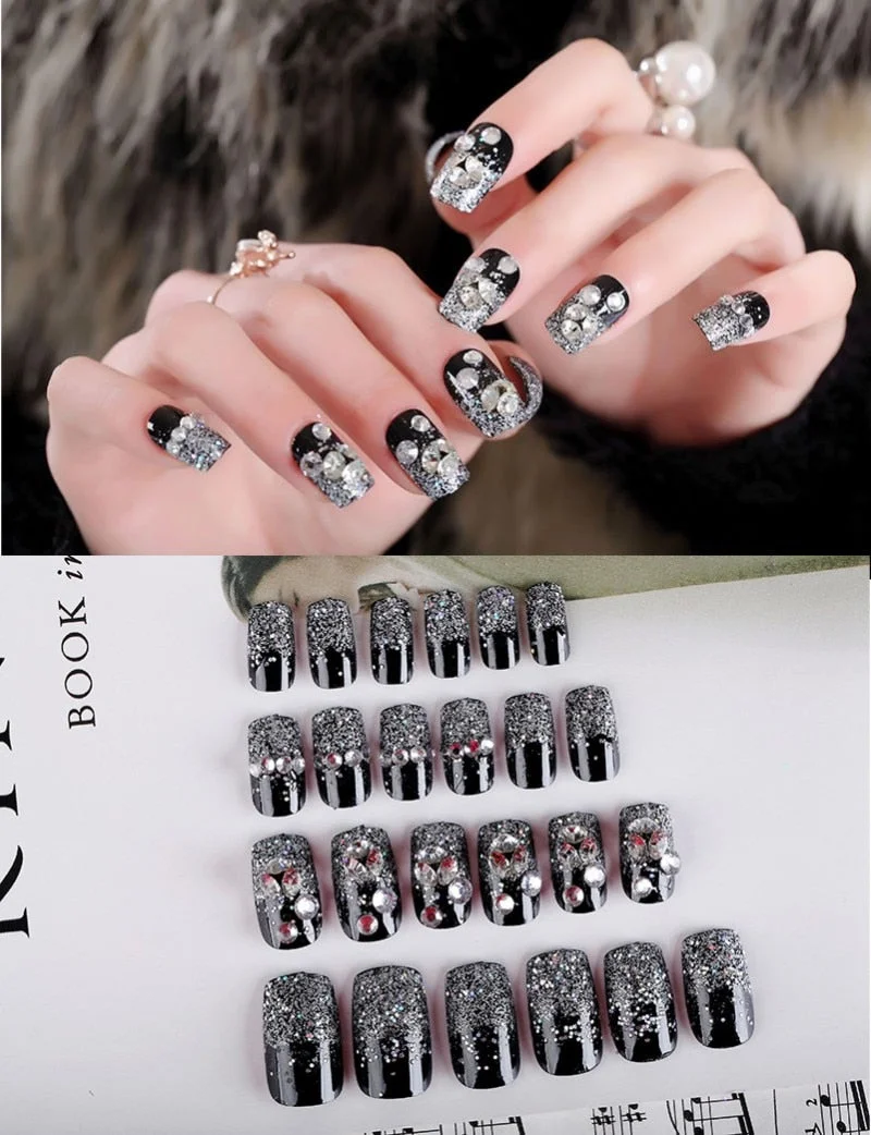 24Pcs/Set Fake Nails Press on Girls Finger Beauty False Nail Art Tips Bright Shining 3D Diamond Full Cover French Nail Art Tips-Nail Inspo