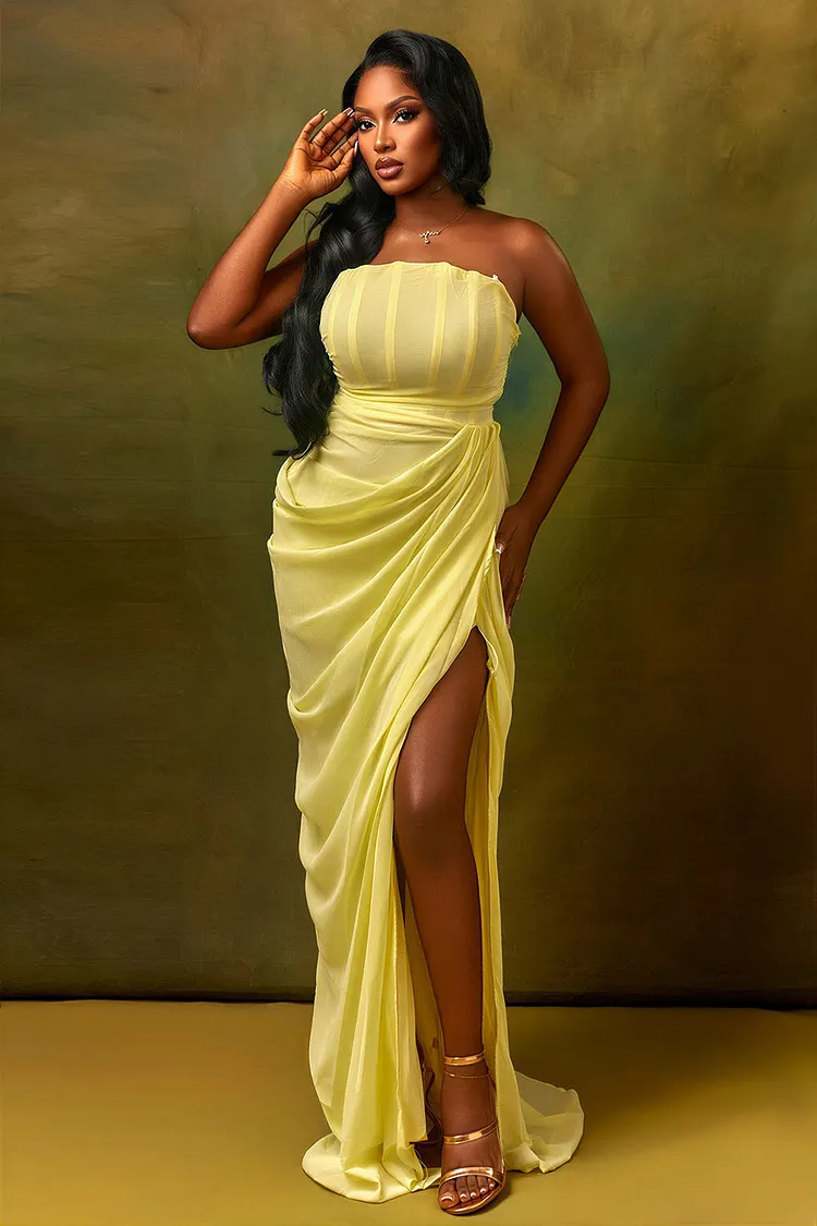 Strapless Corset Draped Ruched High Slit Maxi Dresses-Yellow [Pre Order]