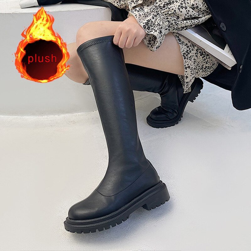 Fashion Warm Thigh High Boots Women Platform Shoes Thick Soled Female Knee High Boots Winter Plush Ladies Long Motorcycle Boots