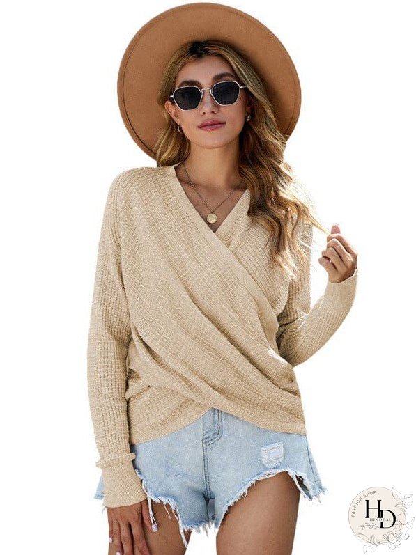 V-Neck Ladies' Sweater With Cross Detail In Solid Colors And Sexy Long Sleeves
