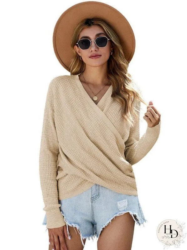 V-Neck Ladies' Sweater With Cross Detail In Solid Colors And Sexy Long Sleeves