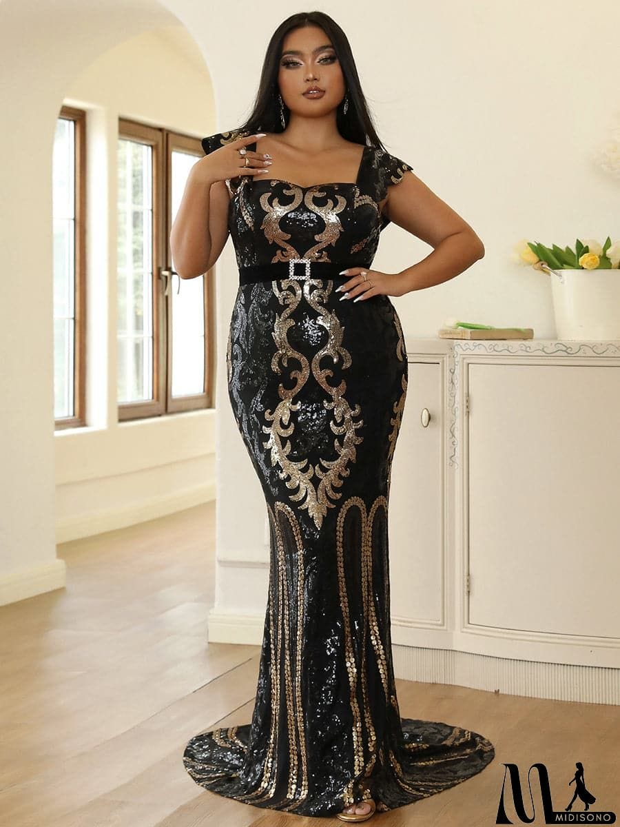 MidiSono - Plus Size Square Neck Sequins Evening Dress PJMY1061