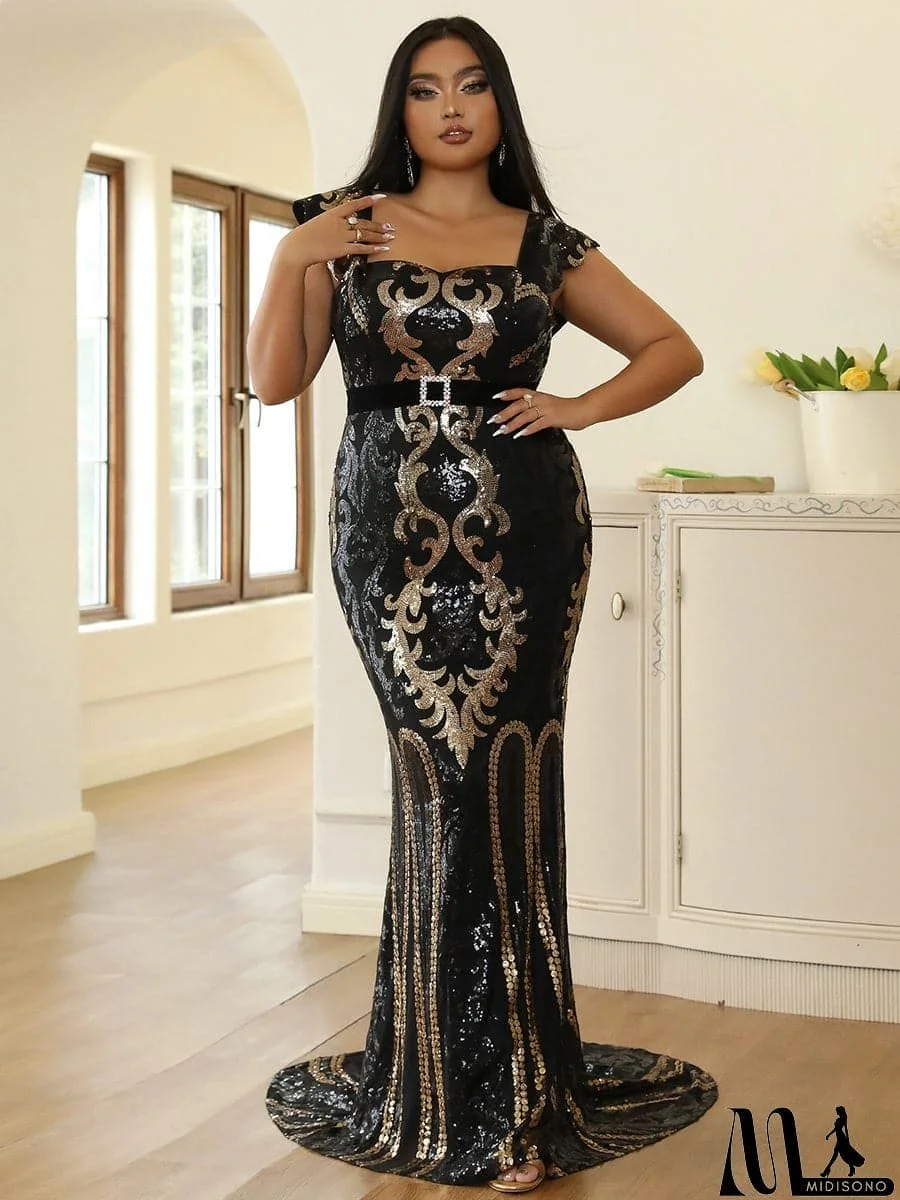 MidiSono - Plus Size Square Neck Sequins Evening Dress PJMY1061