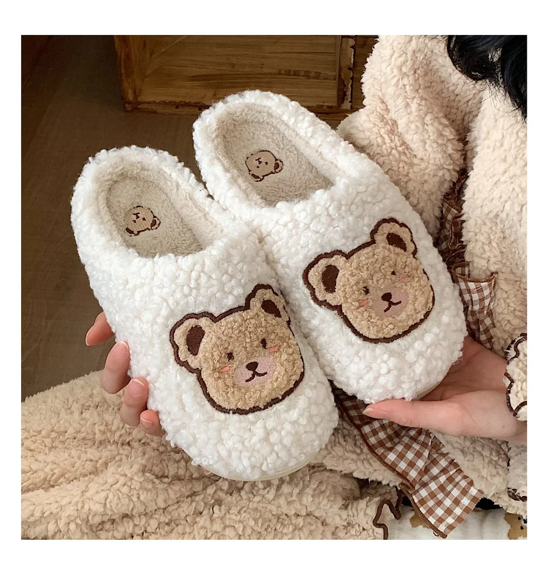 2022 Winter Women Slipper Lovely Bear Cartoon Plush Cotton Home Slippers Female Indoor Household Anti-Skid Thick Bottom Slipper