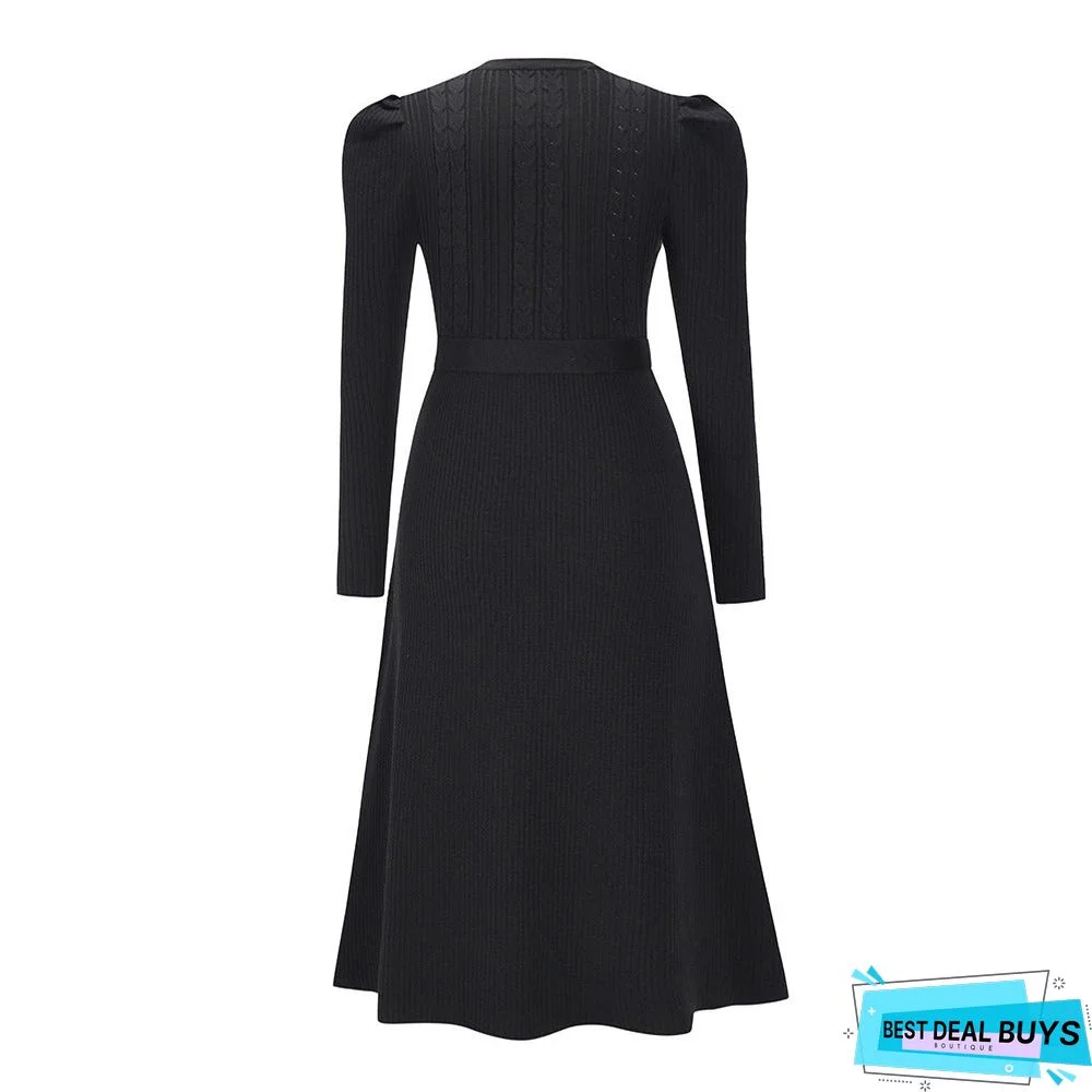 Bubble Long Sleeve Knitted Skirt Medium Long Wool Dress Black Dresses