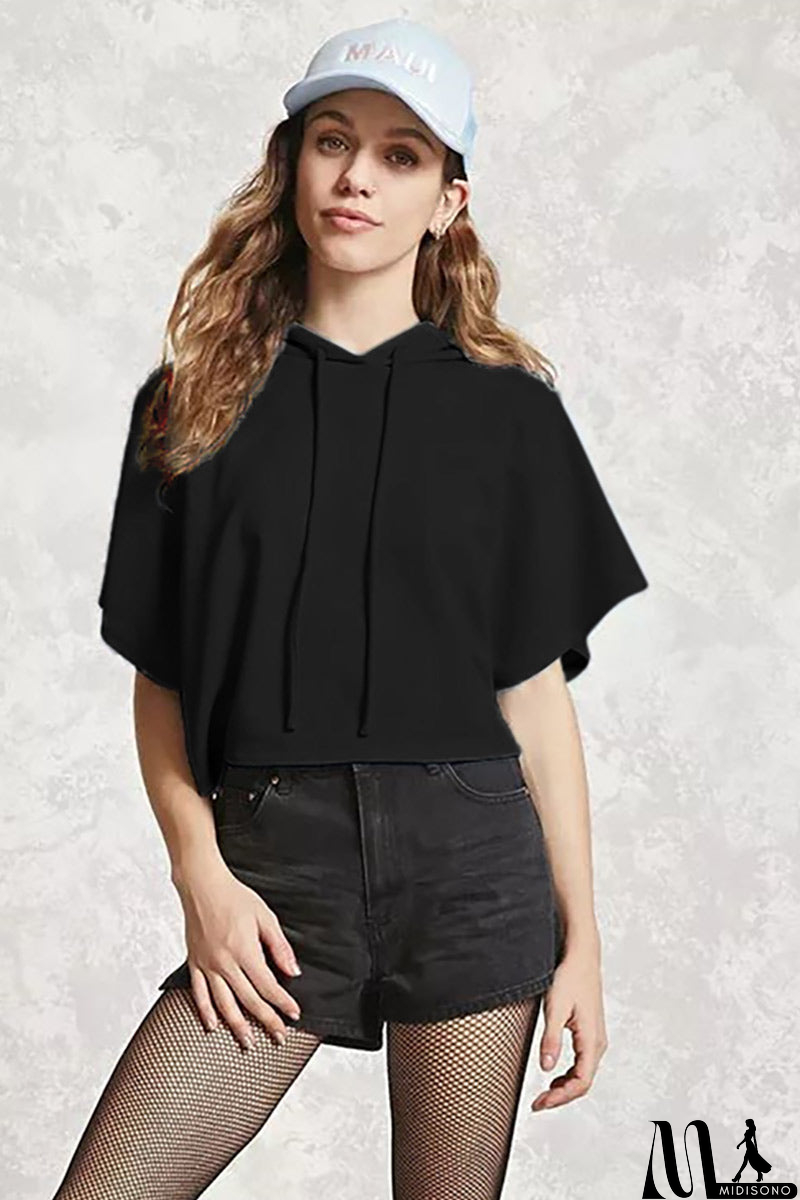 MidiSono - Solid Drawstring Hooded Sweatshirt With Short Sleeves