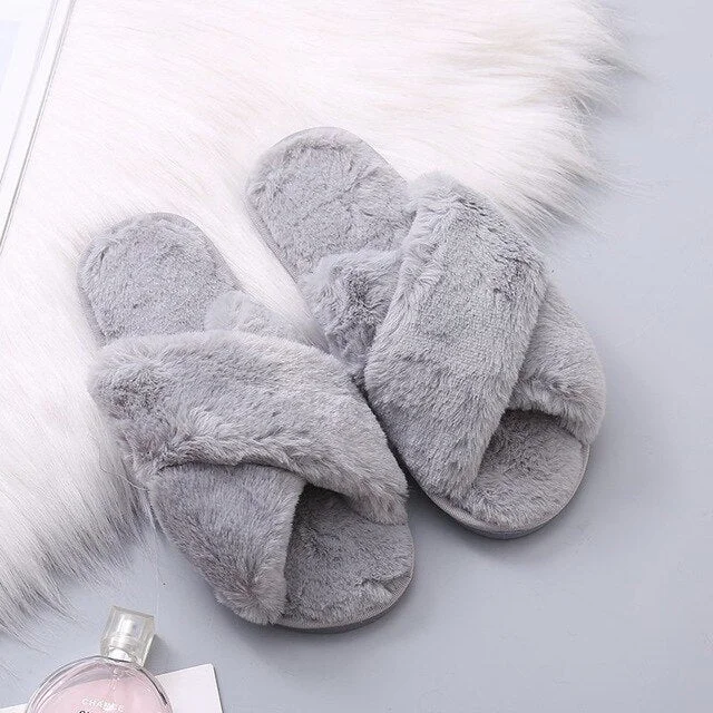 Women Fluffy House Slippers Cozy Faux Fur Cross Floor Indoor Slides Female Slip On Furry Flip Flops Warm Shoes Home Slippers
