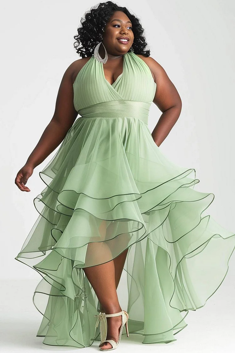 Xpluswear Design Plus Size Semi Formal Green Halter Collar Asymmetric Hem Tulle Maxi Dresses
