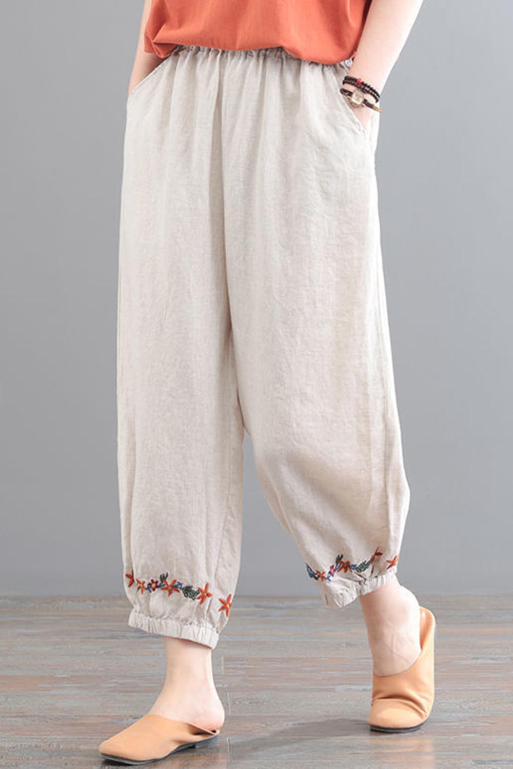 Plus Size Casual Beige Cotton And Linen Embroidery Elastic Waist Pocket Harem Pants 2024 - Flycurvy 