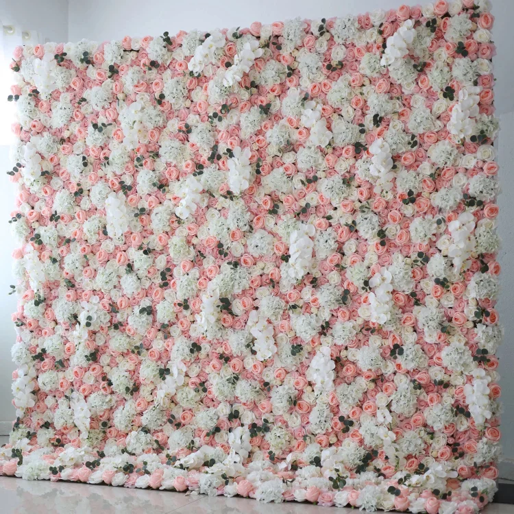 Roll Up Fabric Artificial Petite Orchid and Brandy Rose with White Roses Flower Wall Wedding Backdrop, Floral Party Decor, Event Photography-VF-027